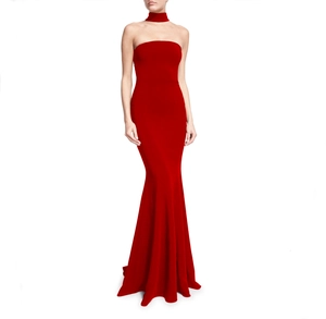 Elegant red mermaid evening gown with strapless design and matching choker necklace