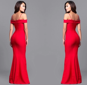 Back view of a red off-shoulder evening gown with fishtail hem and zipper detail