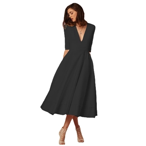 Elegant black deep V-neck A-line midi dress with half sleeves for formal evening parties
