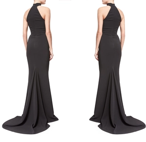 Slim fit black halter neck fishtail evening dress with back view and mermaid silhouette