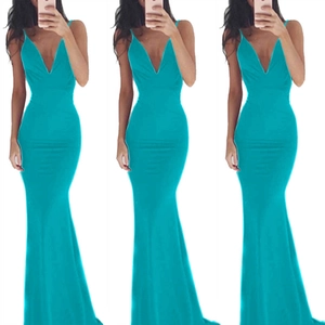 Elegant teal backless mermaid evening gown with deep V-neck and thin spaghetti straps