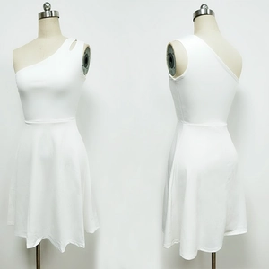 Front and back detail of white sleeveless one-shoulder evening dress with cutout