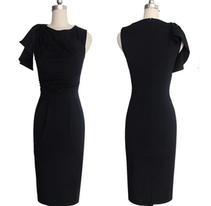 Detail view of black bodycon dress with side ruffle decoration and waist pleats