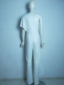 Rear view of white one-shoulder jumpsuit with ruffled details and straight-leg trousers