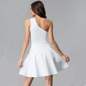 Elegant white one-shoulder asymmetrical cocktail dress with ruched hem in a slim fit