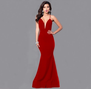 Detail of the elegant red deep V-neck mermaid dress showing slim fit and fishtail hem