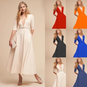 Eleganter Midi-Kleid Mit Tiefem V-Ausschnitt Für Damen Halbe Ärmel Einfarbig A-Linie Cocktail Abendkleid Ohne Gürtel