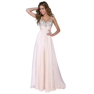 Abito da sera champagne con corpetto di paillettes a V e gonna lunga in chiffon fluido