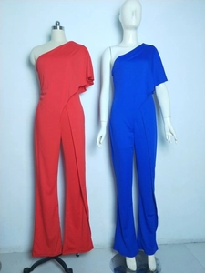 Detail of red and royal blue jumpsuits with asymmetric one-shoulder ruffled neckline