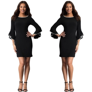 Elegant black bodycon dress with white contrast trim and stylish flared sleeves