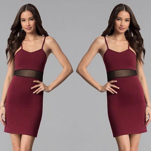 Burgundy bodycon mini dress with sheer black mesh waist panel and thin straps