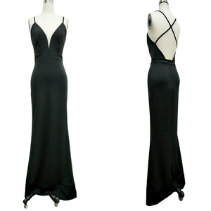 Detailed front and back view of elegant black backless evening dress with cross straps