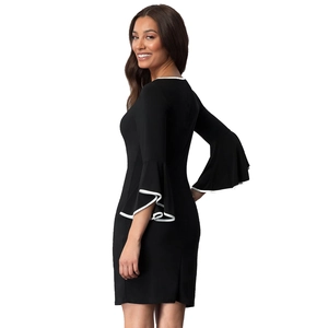 Slim fit black dress with white trim round neck and flared three-quarter sleeves