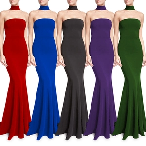 Women Sexy Off Shoulder Halter Neck Mermaid Evening Dress With Choker Sleeveless Solid Color Floor Length Party Gown
