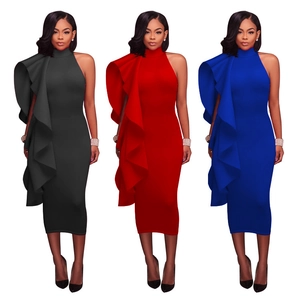 Detail of ruffled shoulder design on slim-fit cocktail dresses in black red and blue