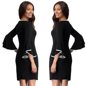 Elegant black bodycon dress with white contrast trim and long flared sleeves for women