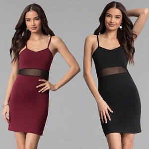 Detail of V-neck mesh waist patchwork on slim burgundy and black mini dresses