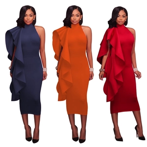 Three elegant slim-fit ruffle dresses in navy blue, orange, and red shown on models