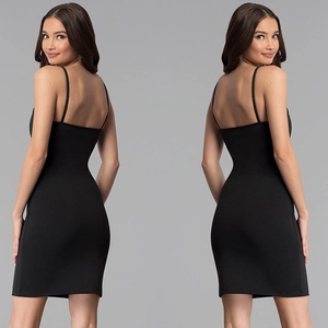 Detail view of black mesh sheer strap bodycon dress showing slim fit silhouette and fabric texture