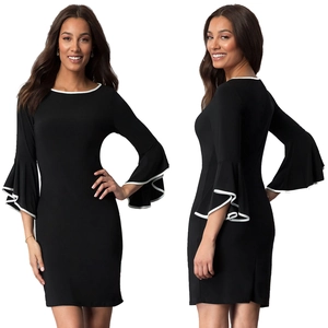 Women's Contrast Color Round Neck Bell Sleeve Bodycon Midi Dress Elegant Slim Fit Pencil Skirt Office Lady Party Dress