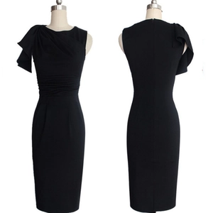 Elegant black sleeveless bodycon midi dress with ruffled shoulder detail and waist structure