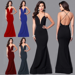 Elegant Deep V Neck Criss Cross Backless Mermaid Maxi Dress For Women Sexy Spaghetti Strap Floor Length Evening Party Gown