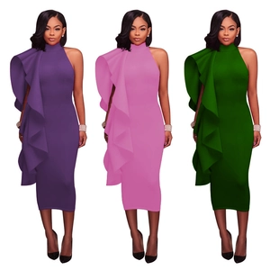 Three elegant ruffle cocktail dresses in purple, pink, and dark green displayed side by side