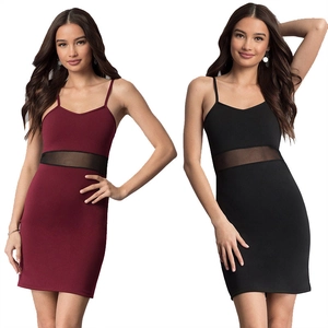 Women's mesh patchwork bodycon mini dress set with spaghetti straps in burgundy and black
