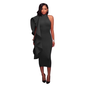 Exquisite side detail of layered ruffle pleats on this elegant black bodycon evening dress