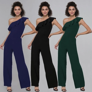 Women's One Shoulder Ruffle Jumpsuit Elegant High Waist Wide Leg Long Pant Jumpsuit For Wedding Evening Party Solid Color Romper