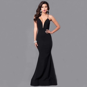 Elegant black deep V-neck mermaid maxi dress with spaghetti straps for formal evening events