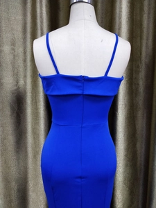 Detail view of royal blue off-shoulder evening dress with a slim fit and hidden back zipper