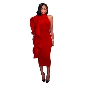 Detail of elegant red bodycon dress featuring dramatic ruffle shoulder and slim fit cut