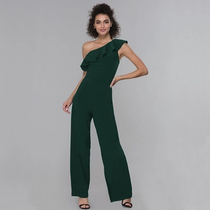 Elegant dark green one-shoulder jumpsuit with ruffled neckline and wide-leg pants