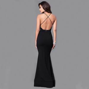 Elegant black backless mermaid evening gown with criss-cross straps and sleek fit