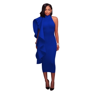Detail of elegant royal blue evening dress with dramatic side ruffle and slim fit cut
