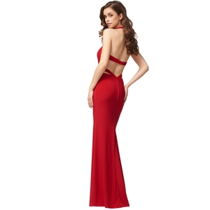 Elegant red halter neck backless evening gown with criss-cross straps and long mermaid hem
