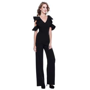 Elegant black jumpsuit with deep V-neck and layered ruffle sleeves in wide-leg style