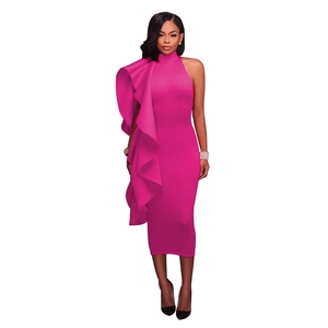 Detail of elegant magenta bodycon dress featuring dramatic side ruffle and high neckline