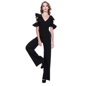 Elegant black deep V-neck jumpsuit featuring layered ruffles and wide-leg silhouette