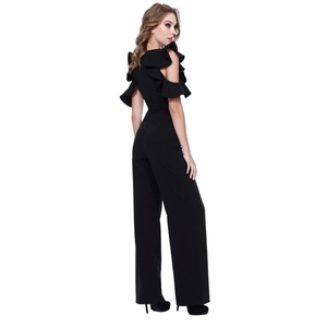 Side view of elegant black jumpsuit showing off-shoulder ruffle sleeves and long wide legs