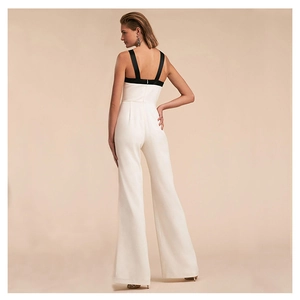 Back view of a white contrast strap jumpsuit for women featuring elegant wide leg design