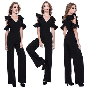 Three-way view of an elegant black V-neck jumpsuit with ruffle sleeves and wide legs