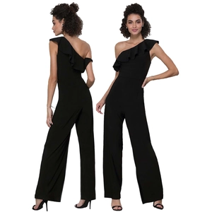 Front and back view of elegant black one-shoulder ruffle jumpsuit with wide-leg cut