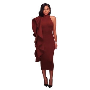 Detail of elegant wine red bodycon dress featuring ruffles and a chic one-shoulder design