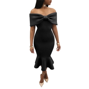 Elegante abito longuette nero a spalle scoperte con grande fiocco e bordo a sirena