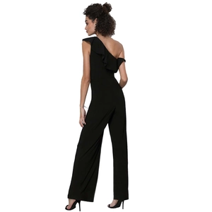 Elegant black one-shoulder jumpsuit with ruffled neckline and wide leg cut for women