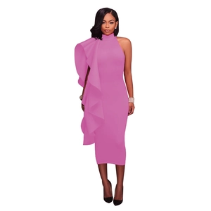 Detailed view of the ruffle design on this magenta bodycon evening party dress