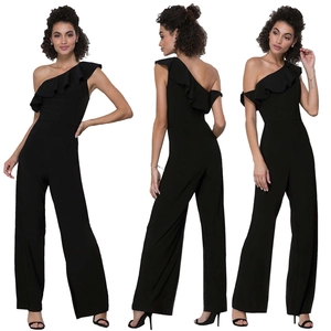 Detailed multi-angle views of black one-shoulder ruffle jumpsuit with wide leg design