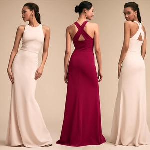 Robe de Soirée Élégante Dos Nu pour Femmes Sexy Sangles Croisées Coupe Ajustée Robe Maxi Sans Manches Col Rond Formelle Banquet